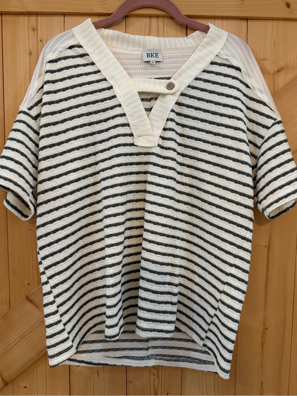 BKE Cream and green Striped Short-Sleeve Knit Henley